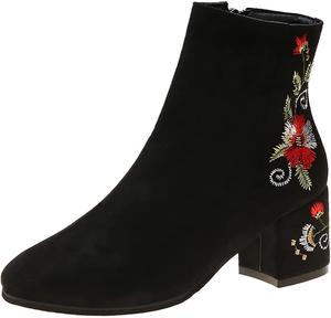 Ботинки на высоком толстом каблуке с вышивкой Gongxifacai, Red(Add Plush)