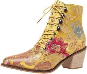 Женские ботильоны с вышивкой в винтажном стиле, цветочные узоры, каблук-блок, ковбойские ботинки, заостренный носок, шнуровка, противоскользящая подошва, массивная подошва, женская обувь Eimeinuosy, Yellow