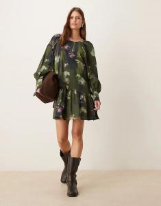 Платье мини ASOS DESIGN свободного кроя с завязками сзади, цвета хаки с цветочным принтом