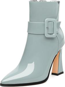 Женские ботильоны, высокие ботильоны на каблуке, ботильоны с заостренным носком, короткие модные ботинки с боковой молнией и пряжкой для женщин GUAVAIVY, Grey Patent