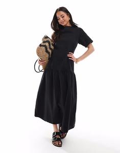 Джинсовое платье-футболка миди ASOS DESIGN с заниженной талией черного цвета