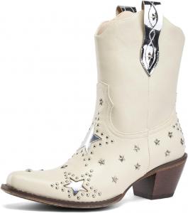 Женские ковбойские сапоги до колена в западном стиле для женщин, ковбойские сапоги до середины голени с цветочной вышивкой, заостренным носком и массивным каблуком 2,5", женские сапоги в западном стиле Peiyaqian, White#17