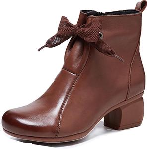 Женские плюшевые кожаные ботильоны с мягкой подошвой, низким толстым каблуком и боковой молнией, ретро водонепроницаемые ботинки для мам FERRAOGAN, Brown