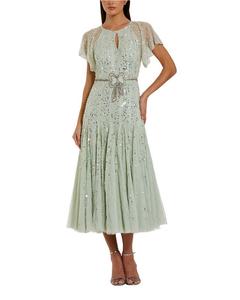 Платье миди с рукавами-крылышками и бисерной сеткой Mac Duggal, зеленый