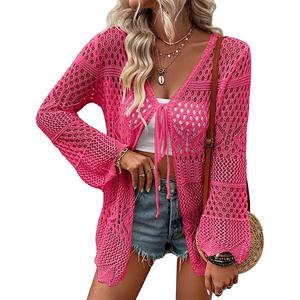 Женский кардиган с запахом и ажурной вязкой, легкий тонкий свитер с длинным рукавом Maxxis Merch, Rose Red