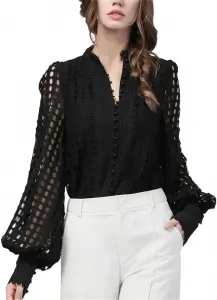 Женская черная блузка с кружевом, свободным кроем и длинными рукавами-фонариками