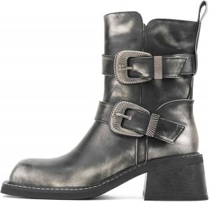 Ботинки KISTANIA для женщин с квадратным носком, массивным каблуком, в стиле мотоциклетных боевых ботинок с пряжками, Golden Black