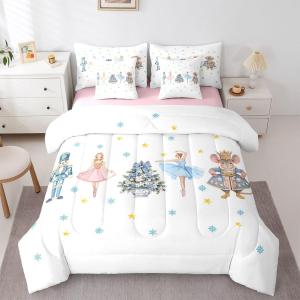 Erosebridal Комплект постельного белья Nutcracker Bed in A Bag с новогодним принтом снежинок и звезд, реверсивный, дышащий и легкий, White Blue