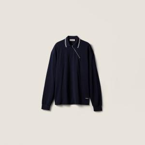 Поло из хлопкового пике на молнии MIU MIU, темно-синий