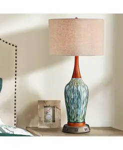 Современная настольная лампа середины века с USB-портом и розеткой переменного тока, зарядная станция, высота 30 дюймов, синяя керамическая спальня (цвет может отличаться) 360 Lighting, blue