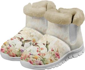 Женские короткие ботинки Howilath с плюшевой подкладкой, противоскользящие пушистые обувь для путешествий и походов, Hummingbird Floral Print
