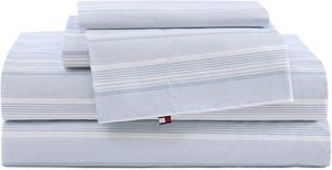 Tommy Hilfiger Комплект постельного белья King (198x203 см), синий в полоску: простыня на резинке, пододеяльник, 2 наволочки. Перкаль из хлопка, легкий, сертифицирован Oeko-Tex.