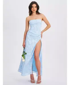 Женское платье макси Xatia нежно-голубого цвета с жаккардовой текстурой и высоким разрезом Miss Circle, синий