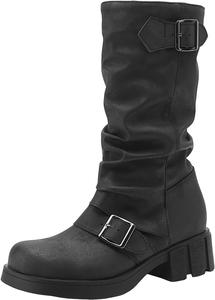 Женские ботинки IWIHMIV средней длины с платформой, удобные с круглым носком и рифленой подошвой, ретро стиль, мягкие верхние, подходящие для верховой езды, Black