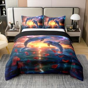 Erosebridal Комплект постельного белья Dolphin из 100% хлопка с романтичным принтом роз и океанских созданий, Black Red