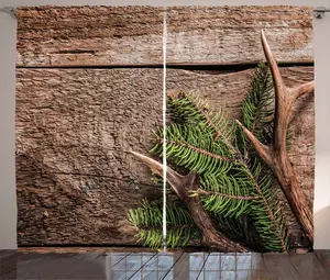 Штора ABAKUHAUS Rustic с изображением рогов вечнозеленого оленя, универсальная ленточная штора для гостиной с петлями и крючками, 280 x 245 см, цвет папоротниково-зеленый, умбра-коричневый Abakuhaus