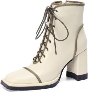 Женские ботильоны TinaCus с квадратным носком из натуральной кожи, ручной работы, на шнуровке с молнией, на высоком массивном каблуке, уникальные, Beige