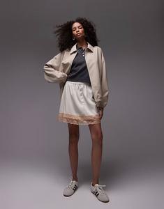 Мини-юбка из атласного кружева Topshop цвета устрицы с контрастным кружевом