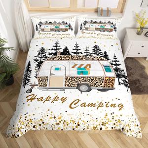 Erosebridal Комплект постельного белья Happy Camping с леопардовым принтом и градиентным коричневым горошком в деревенском стиле, Multi 112