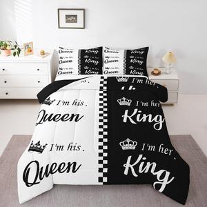 Erosebridal Комплект постельного белья His and Hers Crown Comforter с романтичными сердечками, Black