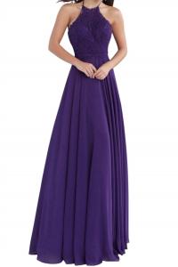 Платье А-силуэта с вышивкой и халтер-воротником фиолетового цвета JOVANI