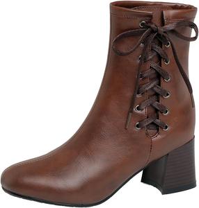 Женские западные элегантные ботильоны с круглым носком и шнуровкой, массивные средние каблуки, модные зимние и осенние короткие ботинки JOEUSTY, Brown