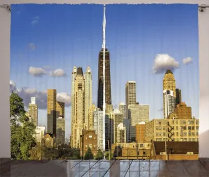 Шторы ABAKUHAUS Illinois Rustic, панорама центра Чикаго, универсальные ленточные шторы для гостиной с петлями и крючками, 280 x 245 см, цвет: фиолетовый, кремовый, синий Abakuhaus