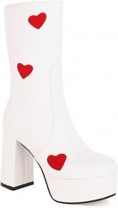 Женские сапоги-платформа Yolkomo с высоким каблуком и высоким голенищем, Calf High White-Red Heart