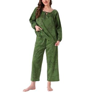 Женский пижамный комплект с длинным рукавом, цветочный пуловер с запахом и широкими брюками, мягкий лоунж Inspire Chic, Dark Green Floral