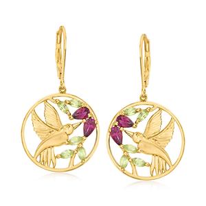 Серьги-подвески в форме колибри с родолитом и перидотом Ross-Simons из 18-каратного золота поверх стерлингового серебра Ross-Simons, фиолетовый