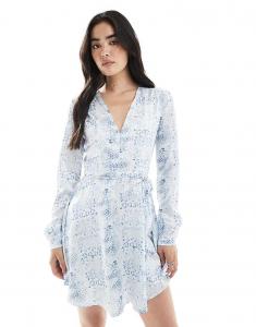 Платье мини с V-образным вырезом и завязками на талии, белое, синее, с изображением животных