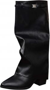 Женские сапоги до колена с массивным каблуком, складным верхом, зимние сапоги для широкой голени с пряжкой, заостренным носком, сапоги до середины голени для платьев Generic, Black