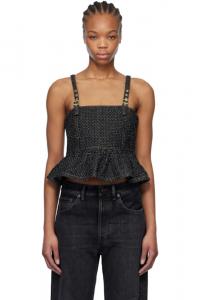 Черный пушистый джинсовый топ на бретелях GANNI