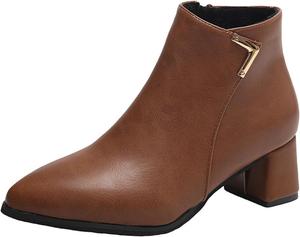 Женские ботильоны с острым носком, элегантные кожаные ботинки, массивный средний каблук, нескользящие, короткие ботинки на осень и зиму с боковой молнией Generic, Brown