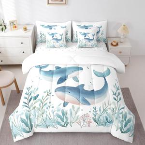 Erosebridal Комплект постельного белья Cute Whale с морским принтом для детей из мягкого материала в сине-зеленой гамме, Blue Green White