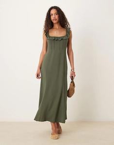 Платье миди ASOS DESIGN с оборкой спереди и бретелями оливкового цвета