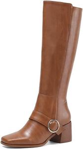 Женские модные сапоги до колена TinaCus с квадратным носком, ручной работы, с пряжкой, из натуральной кожи, на массивном каблуке с боковой молнией, Caramel