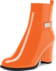 Женские ботинки AMBELIGHT с молнией из лакированной кожи, повседневные, с круглым носком, на массивном высоком каблуке, до щиколотки, 8,4 см, Orange