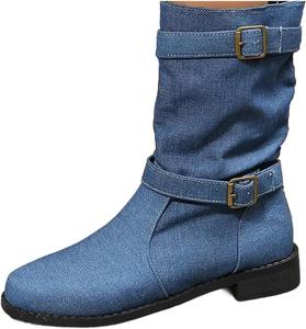 Джинсовые ботильоны для женщин Джинсовые ботинки с круглыми носками для женщин с пряжкой Повседневные короткие ботинки на низком каблуке Generic, Blue