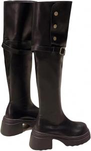 Женские высокие ботфорты на платформе с квадратным каблуком, длинные ботильоны на осень и зиму, стильная обувь без застежки Generic, Black