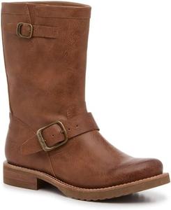 Женские ковбойские сапоги до середины икры с круглым носком, массивным невысоким каблуком, на молнии или без застежки, удобные модные сапожки с пряжкой, стиль вестерн, для всадников OMLISHZTY, Light Brown