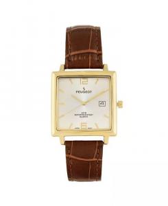 Мужские квадратные часы с покрытием из 14-каратного золота, диаметр 35 мм, с коричневым кожаным ремешком Peugeot