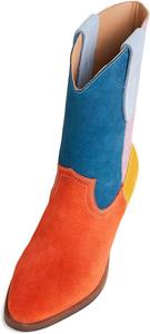 Женские модные сапоги XYD с заплатками до середины голени, массивный каблук, заостренный носок, разноцветные элегантные ботильоны, Orange Multi