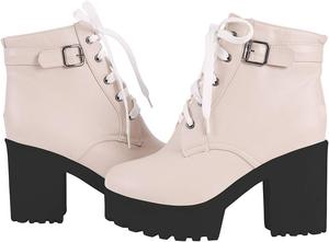 Женские ботильоны Parisuit с массивной подошвой и шнуровкой, платформой и высоким каблуком, модная обувь для осени и зимы, Beige 1