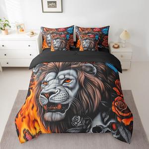 Erosebridal Комплект постельного белья Sugar Skull с принтом черепов, бабочек и львов в стиле вестерн, Gray Red Brown