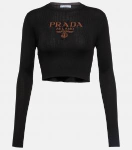 Укороченный топ из шелка в рубчик с логотипом Prada, Nero