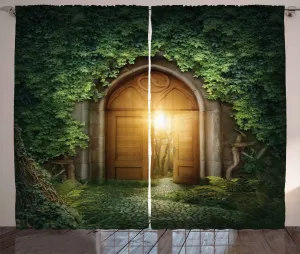 Шторы ABAKUHAUS Green Rustic Curtain, Mystic Vivid Sun Beams, универсальные ленточные шторы для гостиной с петлями и крючками, 280 x 175 см, зелено-коричневый