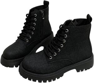 Женские джинсовые боевые ботинки на шнуровке с платформой, низкий каблук, боковая молния, модная обувь Generic, Black