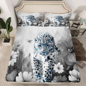 Erosebridal Комплект постельного белья Leopard Daisy Flowers в сине-сером омбре с граффити и бохо-декором, Blue Grey