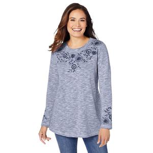 Женщина в женской толстовке больших размеров с цветочной вышивкой Woman Within, цвет Evening Blue Marled